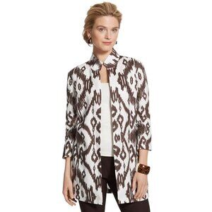 Chico's Linen Elegant Ikat Print Jacket Open Front White Brown